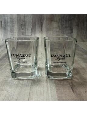 Set of 2 Lunazul Tequila Shot Glasses Square 2.5" Tall Clear Glass 100% De Agave